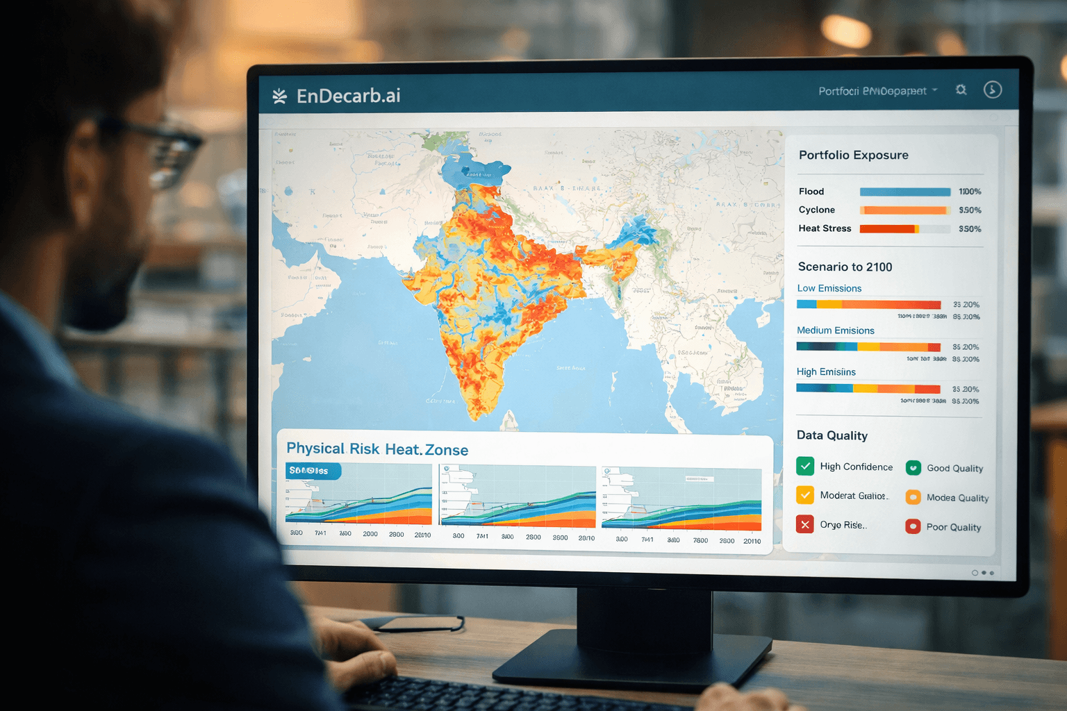 EnDecarb.ai platform interface for physical climate risk analysis