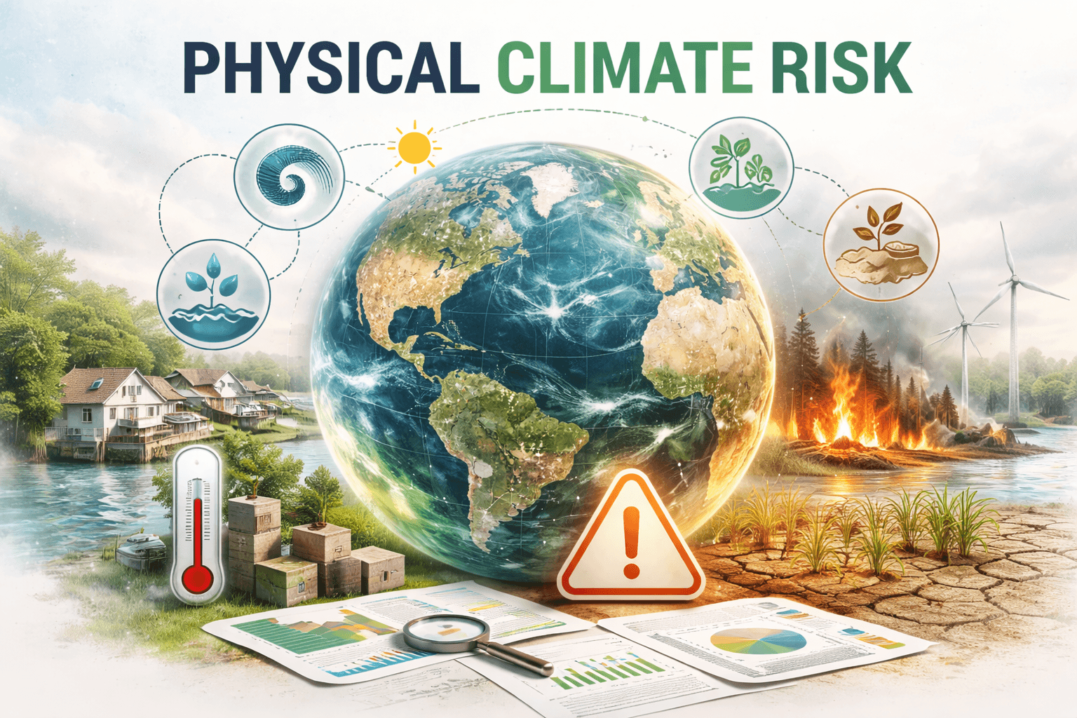 Physical climate risk concept — flooding, extreme weather events, and financial exposure