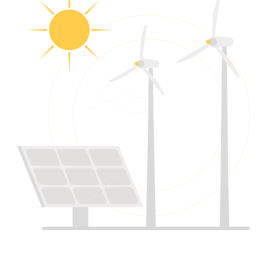 Illustration of sun, wind turbines, and a solar panel